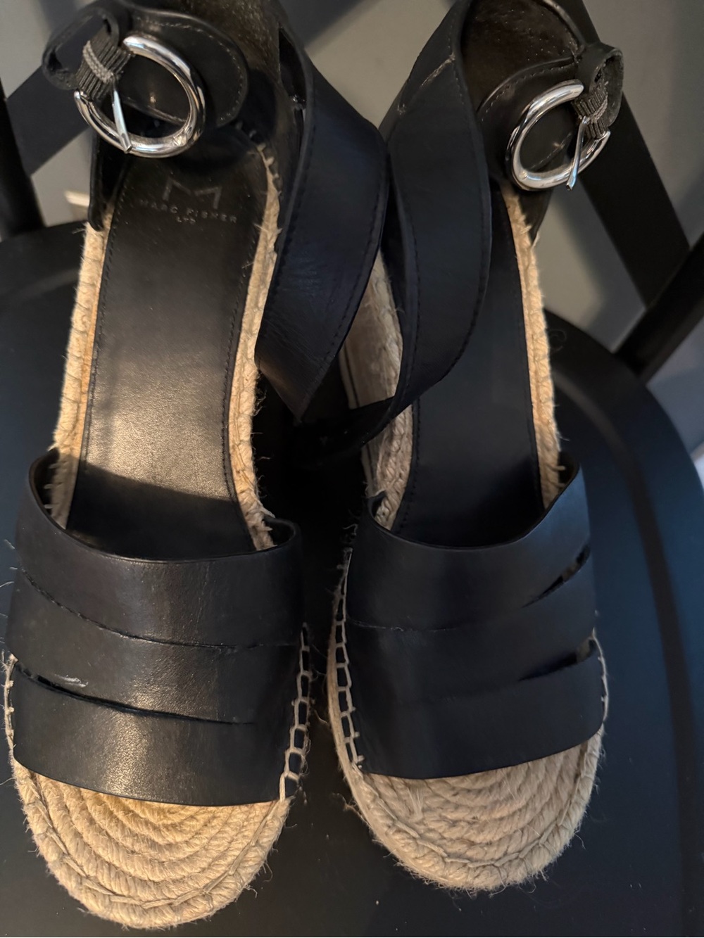 Marc Fisher Black Espadrille Platform Sandals with Buckle Ankle Strap